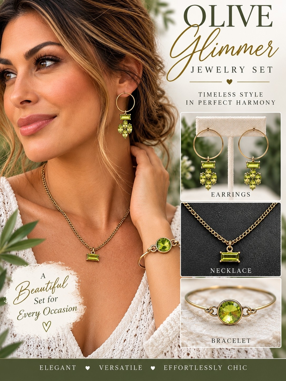 A64. Olive Green Crystal 3-Piece Jewelry Earrings